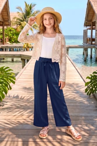 Image of Girls Summer Floral Wide Leg Pants High Waisted Flowy Dress Trousers with Pockets for School Lounge Beach 5-14 Years