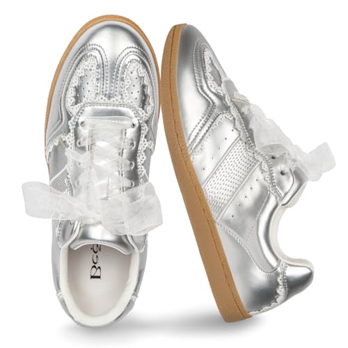 Image of Casual Sneakers for Women Lace Detail Elegant Ribbon Lace-Up Fashion Sneakers with Leather Upper Memory Foam Insole and Trendy Casual Shoes for Women