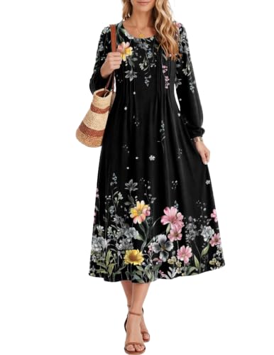 Image of Zeagoo Fall Dresses for Women Long Sleeve Midi Dress Casual A Line Dresses 2026 Pleated Flare Dress with Pockets