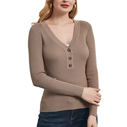 Woolen Bloom Damen Pullover mit V-Ausschnitt, leicht, langärmelig, leger, gerippt, Strickmuster, Frühling und Herbst, camel, Groß Cover