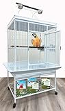 Extra Large Elegant and Durable Wrought Iron Climging Ladders Perch Stand Play Top Ground Bird Parrot Rolling Metal Cage, Include Seed Guard (White Vein, 32" x 23" x 69"H)