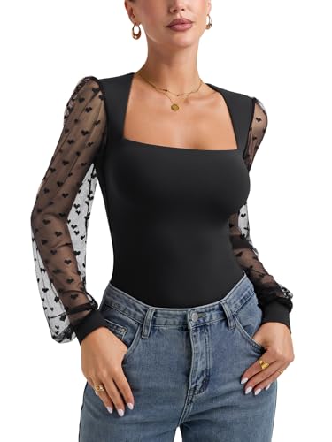 Image of PINKMSTYLE Women's Square Neck Double Lined Mesh Long Sleeve Bodysuits | Sheer Puff Sleeve Body Suit,Slim fit Trendy Going Out Tops,Concert Outfit