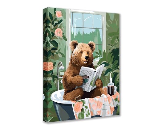 Bear Reading Book in Bathtub 1P Canvas Room Wall Creative Pictures Animal Poster Prints Bathroom Cute Bear Artwork Funny Bathroom Living Room Home Decor Framed Gallery-Wrapped Ready to Hang 12x16inch