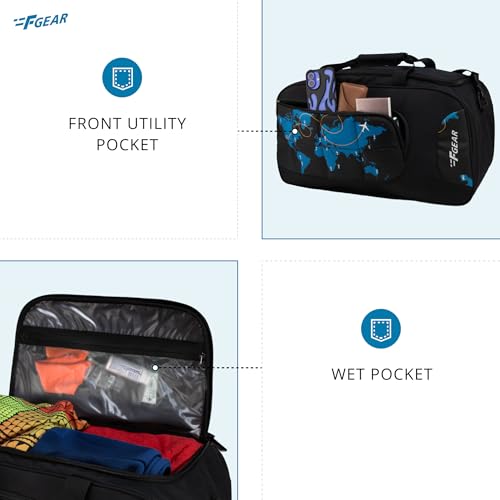 Image of F Gear Enduro Map Black 32L Travel Duffle Bag | Spacious Main Compartment with Front Pocket & Wet Pocket | Adjustable Shoulder Strap | Lightweight and Durable | Easy Carry Handles | for Men & Women