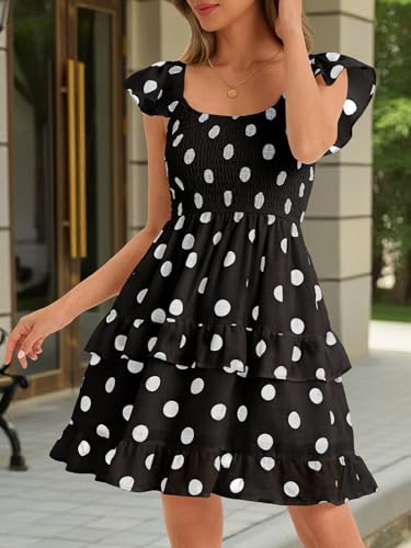 Image of Women Summer Dresses Casual Boho Smocked Ruffle Sun Beach Babydoll Mini Dress Layered Flowy Swing Dress