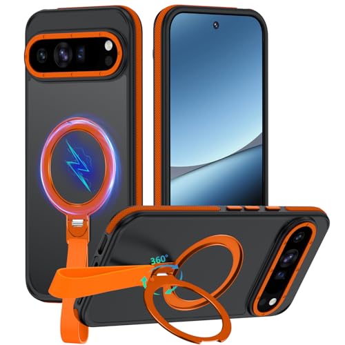 Mondelete for Google Pixel 10 Pro XL Case with 360 Spin Magnetic Ring Stand & Finger Strap,[Fit for MagSafe][16FT Mil-Grade Protection] Anti-Slip Rugged Shockproof Translucent Matte Case (Orange)