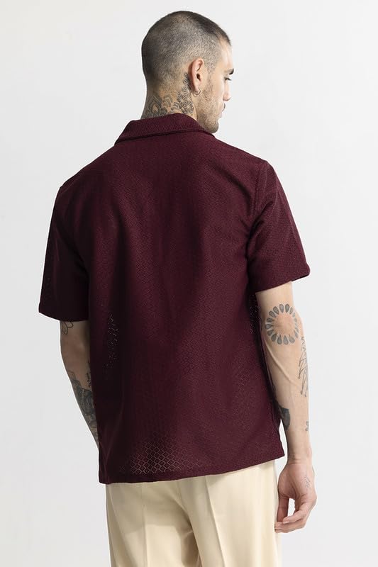 Image of SNITCH nector Maroon Cuban Collar Self Design Box Fit Shirt