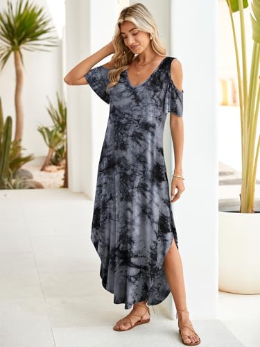 Image of BELAROI Womens Cold Shoulder Maxi Dress Plus Size V Neck Summer Sundresses with Pockets Beach Coverup Vacation Outfits
