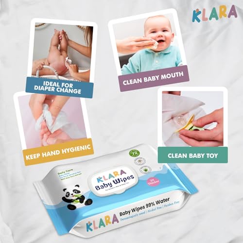 Image of Klara 99% Pure Water Baby Wipes | With Aloe Vera | Rash-Free & Paraben-Free | Pack of 6 (432 Wipes)