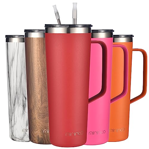 mininoo 24 oz Tumbler with Handle, Insulated Travel Coffee Mug with Lid and Straws, Stainless Steel Coffee Tumbler Leak-proof (Red) 24 Ounces 24 oz Red