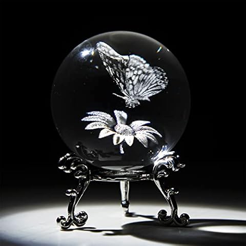 HDCRYSTALGIFTS 3D Laser Crystal Butterfly Flower Figurine Crystal Decorative Ball Paperweight with Silver-Plated Flowering Stand Glass Sphere Home Decor Gift (60mm,2.4inch) Cover