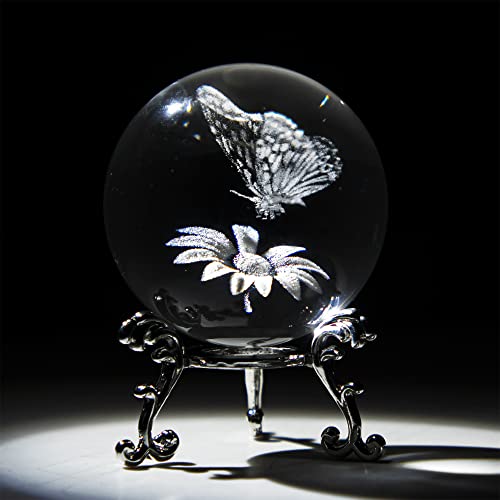 Hdcrystalgifts 3D Laser Crystal Butterfly Flower Figurine Crystal Decorative Ball Paperweight With Silver-Plated Flowering Stand Glass Sphere Home Decor Gift (60Mm,2.4Inch) #TOP3