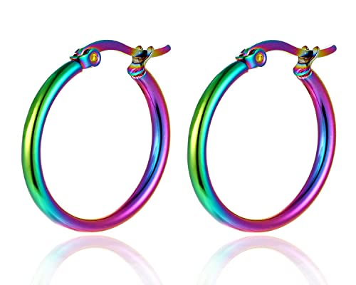 2CM Small Circle Huggie Hinged Hoop Earrings, Oxidized Rainbow Steel Womens, Classic