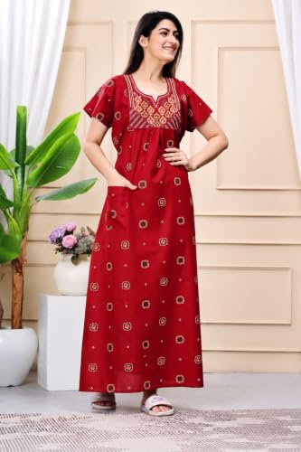Image of Women's Pure Cotton Maxi Nighty, Jaipuri Embroidery Print, Short Sleeve Night Gown with Pocket