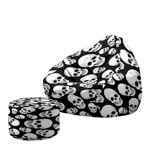 Hiseng Funda Puff Pera con Reposapies Sin Relleno S M L XL XXL, Puff Sin Relleno Lavable Grande Pequeño para Infantil Adultos Almacenaje de Juguetes de Peluche (Impresión de Calavera 6,100x120cm)