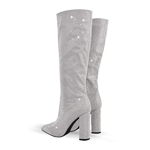 onlymaker Knee High Rhinestone Boots Chunky Heels Pull-on Point Toe Glitter Sequins Booty3