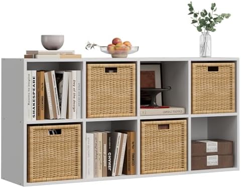 8-Cube Storage Organizer, White Wood Bookcase, Horizontal or Vertical Cube Shelf Unit Fits 11" Storage Bins(NOT Included), Display Book Shelves
