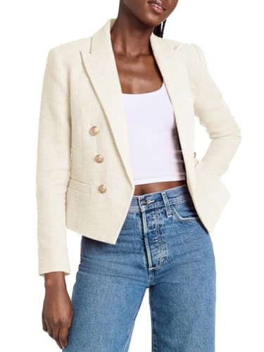 Cicy Bell Women Cropped Tweed Blazer Jackets Lapel Open Front Long Sleeve Business Suit Jackets with Pocket