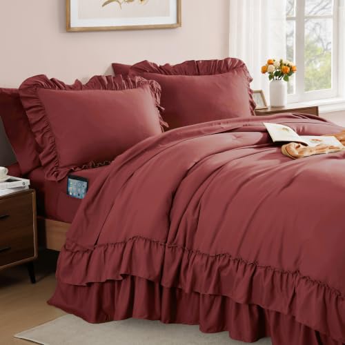 Image of King Size Comforter Set Syrah Red Ruffle 7 Pieces Farmhouse Bed in a Bag