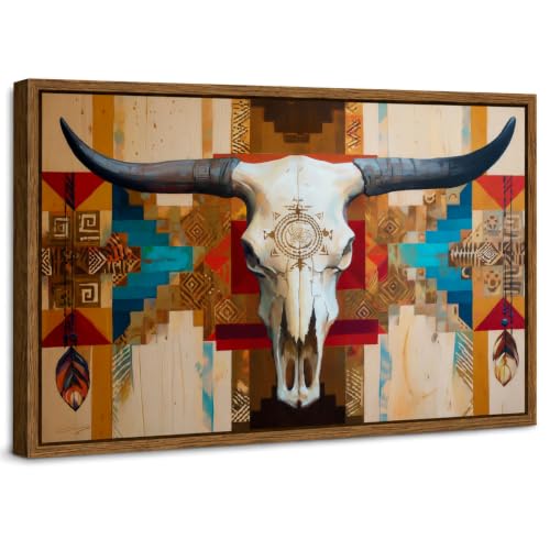Image of AIYISU Southwestern Bull Skull Wall Art Native American Tribal Pattern Pictures Rustic Home Western Longhorn Decor Rustic Western Farmhouse Decor for Living Room Office Bedroom Home Decoration 16x24
