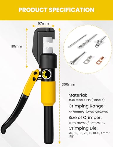 Image of 10 Tons Hydraulic Crimping Tool Battery Cable Lug Terminal Crimper with 9 Pairs of Dies, 12 AWG to 2 /0 AWG Wire Crimping Tool