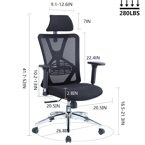 Ticova Ergonomic Office Chair - High Back Desk Chair With Adjustable Lumbar Support & 3D Metal Armrest - 130°Reclining & Rocking Mesh Computer Chair With Thick Seat Cushion & Rotatable Headrest #TOP6