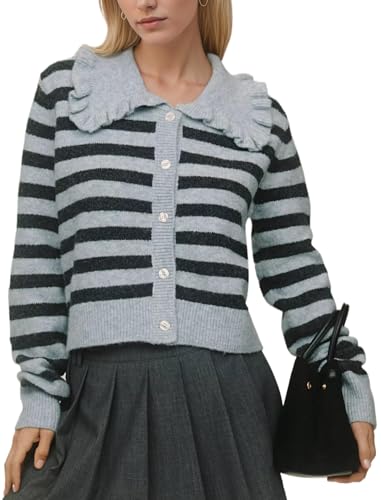 Image of HOCANDY Women Ruffle Collar Cardigan Sweater Preppy Cute Button Up Sweaters