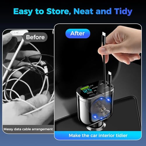 Image of 120W 5 in 1 Retractable Car Charger - Super Fast Car Charger Type C & Lightning Cables, Dual USB Ports, 12V Car Charging Adapter for iPhone 16 /15 /14, Samsung, Android (5 in 1, 1)