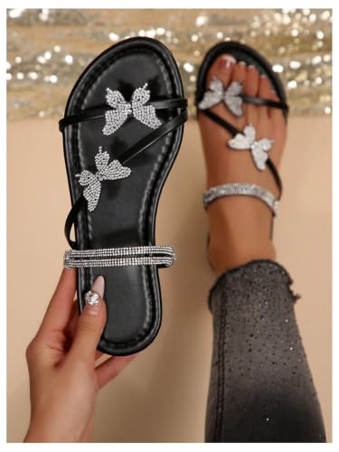 Image of OYOANGLE Women's Silver Rhinestone Sandals Sparkly Dressy Flat Sandals
