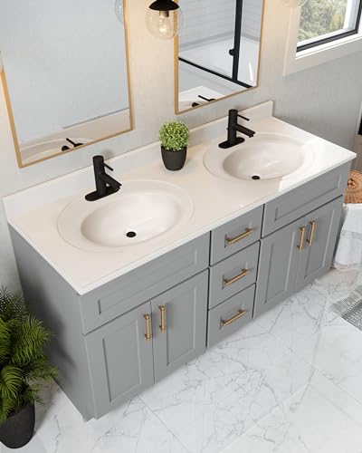 Image of Design House Cultured Marble Vanity Top, 61 in W x 22 in D, 2 Integrated 4 in Centerset Oval Sink & Backsplash, Solid White, 597393