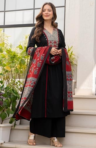 Image of Amayra Women's Pure Cotton A-Line Kurta Set with Palazzo Pants & Dupatta|Ethnic wear|Kurti Suit Set for Women