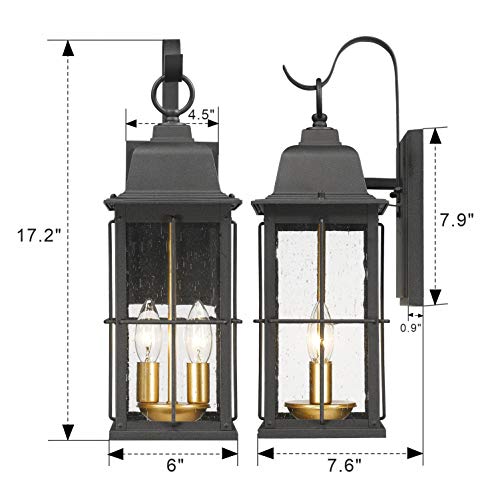 Zeyu Exterior Porch Light Fixtures, 17 Inch Outdoor Wall Sconce For House In Black And Gold Finish With Seeded Glass Shade, 20071B2 #TOP6