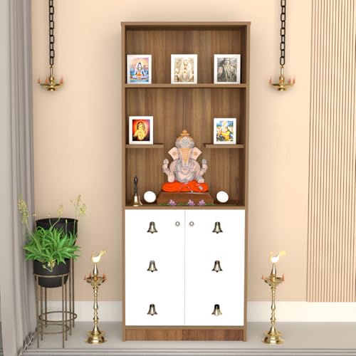 Image of OM Mandir, Temple Pooja Unit for Home with Storage Cabinet, Floor Standing Puja Room Altar,‎ Organize Spiritual Essentials & Offerings for Temple Living Room - Leon Teak 175 x 78 x 30 Cm