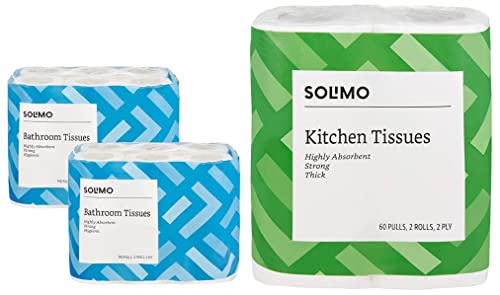 Image of Amazon Brand - Solimo 3 Ply Toilet Paper Tissue Roll - 160 Pulls Per Roll - Pack of 24 Rolls & 2 Ply Kitchen Tissue /Towel Paper Roll - 2 Rolls (60 Pulls Per Roll)