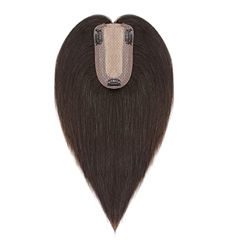 SEGO 120% Density Hair Topper No Bangs Silk Base Human Hair Top Hair Pieces Clip in Crown Topper for Slight Hair Loss Thinning Hair Cover Gray Hair -14 Inch No Bangs Dark Brown
