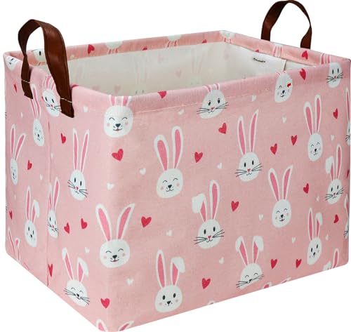 NTAOHAMPER Rectangular Pink Bunny Easter Gift Basket,Pink Storage Basket with Handles,Toys/Books Box,Room Decor(Bunny)