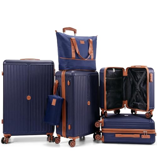 Image of Hoteel Luggage Set 6 Piece, 4-Year Warranty, PC+ABS Suitcases with Wheels Hard Shell Suitcase with TSA Lock, Including Waterproof Luggage Bag, Travel Maletas for Men and Women, Blue(16 /20 /24 /28Inch)