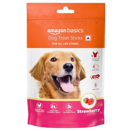 Image of Amazon Basics Dog Treat Sticks 140 gm, Chewy Meat Sticks for Adult Dogs and Puppies, High Protein Dog Treats for Training and Snacks, Made of Real Chicken Meat, Ziplock Pack, Strawberry Flavor