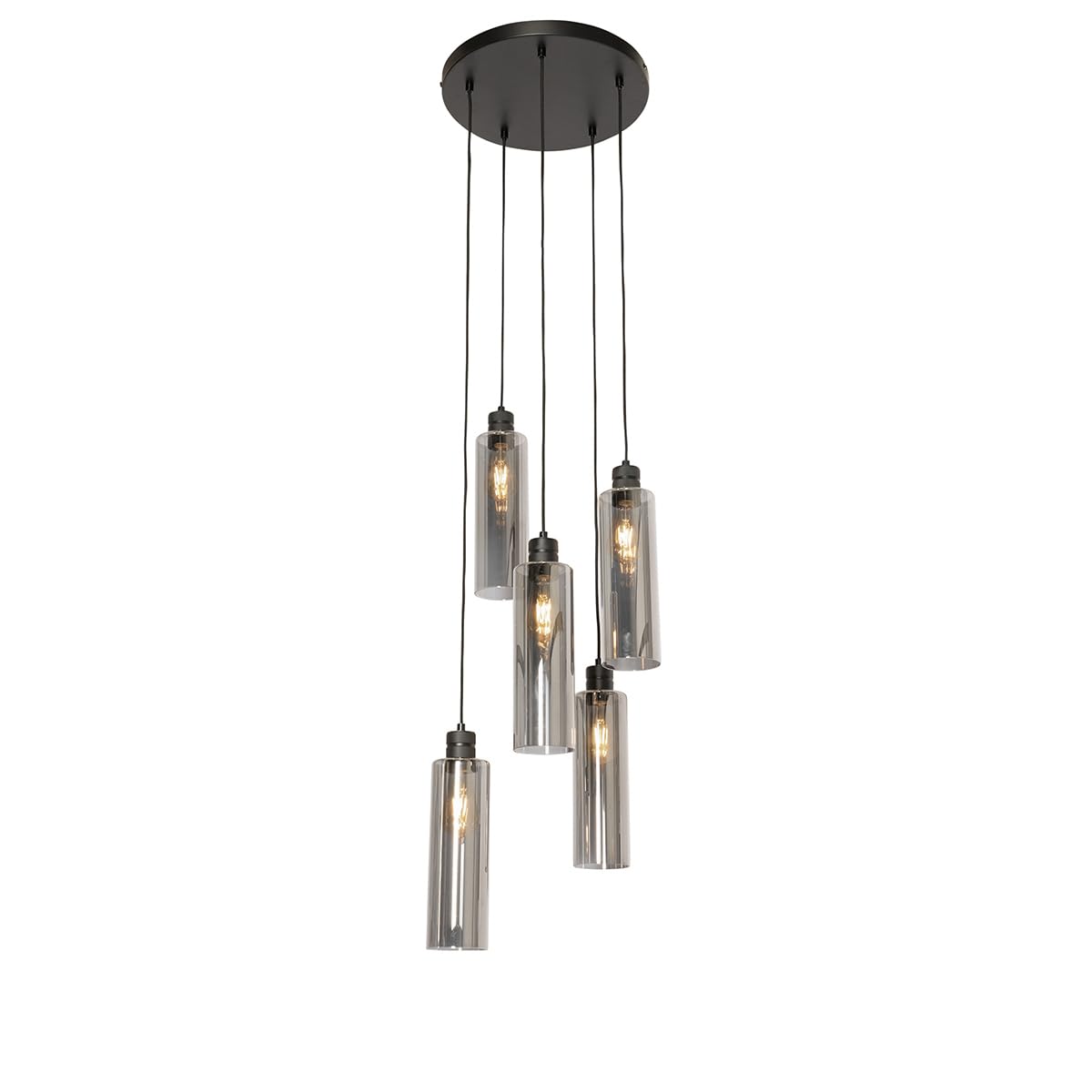 Qazqa - Modern Dining Room I Dining Table Pendant Lamp I Pendant Light Ceiling Black with Smoke Glass 5 Lights - Stavelot- - Modern - Suitable for LED E27 | 5 Light - Glass Pendant Light - Suitable