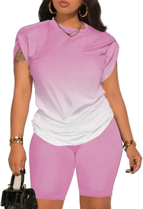 PINSV Women 2 Piece Outfits Summer Sweatsuits Biker Short Workout Jogger Sets