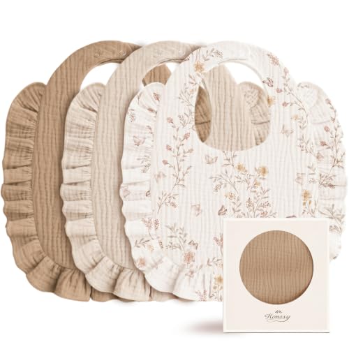 Image of Konssy 3-Pack Muslin Baby Girl Bibs, 100% Cotton with Ruffle Trim | Ultra Soft & Absorbent, Baby Essentials for Drooling and Teething, for Newborn, Infant & Toddler 0-36 Months