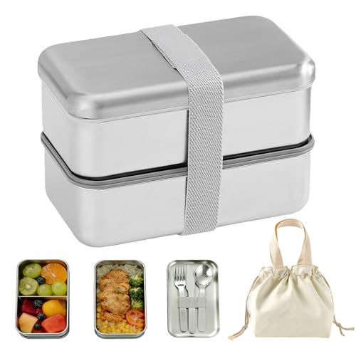 LAIKAIEU Fiambrera Bento De Acero Inoxidable, Compartimento Apilable De Doble Capa, Apto Para Microondas Y A Prueba De Fugas, Lunch Box Para La Escuela Trabajo Viajes (1800ml)