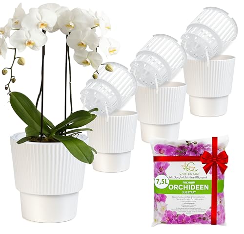 Garten lux 4er-Set Selbstbewässerungstöpfe für Orchideen–Weiß, Ø13cm, Orchideentopf 1,7L (Innentopf 1.35L Drainagelöchern mit Docht)+7,5L Orchideensubstrat für alle Orchideenarten für den Innenbereich