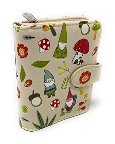 Shag Wear Gnome Forest Small Wallet for Women and Teen Girls Multiple Gnomes Mushrooms Plants Vegan Faux Leather Beige 4.5