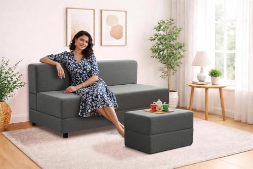 Image of 3-Seater Sofa Cum Bed with Ottoman, 5x6 Ft Folding Design in Jute Fabric, Space Saving Convertible Furniture for Living Room & Guest Use - Grey