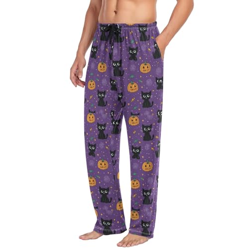 Men’s Halloween Black Cats Pajama Pants with Pockets, Comfortable Lounge Sleep Bottoms#6134