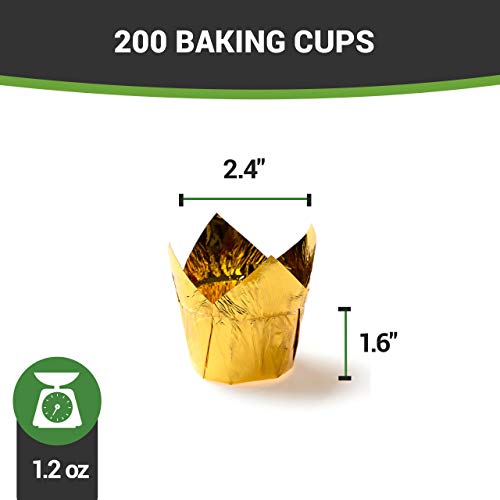Restaurantware 1.2 Ounce Petal Baking Cups, 200 Grease Resistant Tulip Cupcake Wrappers -Tulip Shaped, Oven Safe, Gold Paper Disposable Cupcake Liners For Parties And Weddings, Mini #TOP3