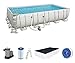 Produktbild Bestway Frame Pool Power Steel, Set, hellgrau, rechteckig mit Filterpumpe und Zubehör, 671 x 366 x 132 cm, grau