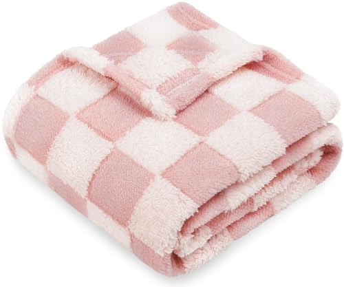 Image of HOMRITAR Baby Blanket for Girls 3D Checkered Fleece Fluffy Fuzzy Checkerboard Grid Warmer Shaggy Soft Cozy Fuzzy Bed Blanket for Toddler, Newborn or Infant Pink 30 x 40 Inch