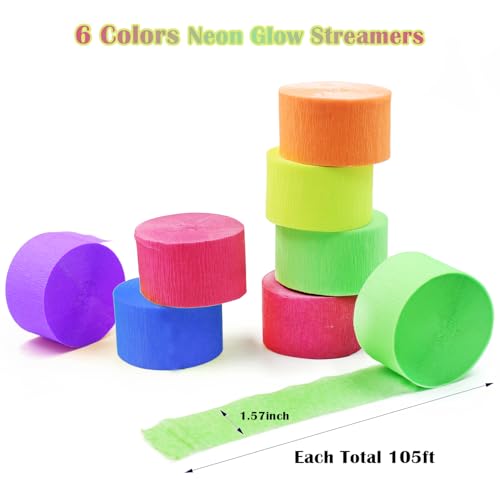 Image of 1260feet Glow in The Dark Neon Paper Streamers Blacklight Party Neon Streamer Decorations 12 Rolls Glow Crepe Paper UV Reactive Fluorescent Neon Fiesta Glow Party